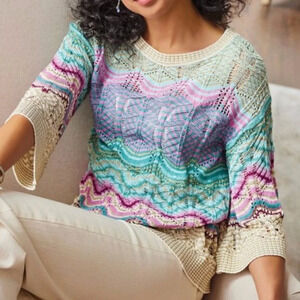 Soft Surroundings Thereze Stripe Pointelle Colorful/Metallic Sweater Size LP